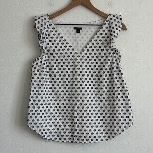 Ann Taylor Ruffled Cap Sleeve Top V-Neck White Navy Blue Floral Swiss Dot Print